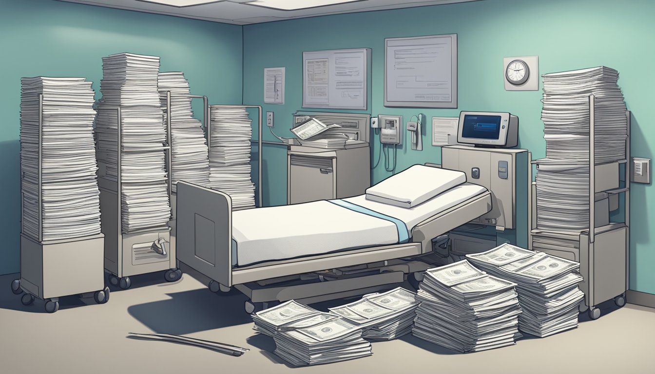 A hospital bed surrounded by stacks of medical bills, a cast, and a check for financial support