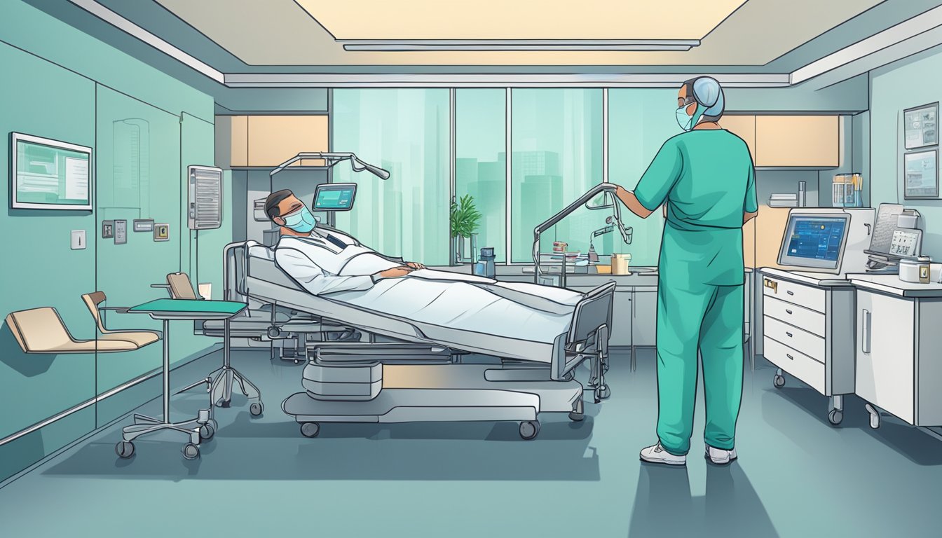 A hospital room with medical equipment and a doctor discussing critical illness insurance options with a patient