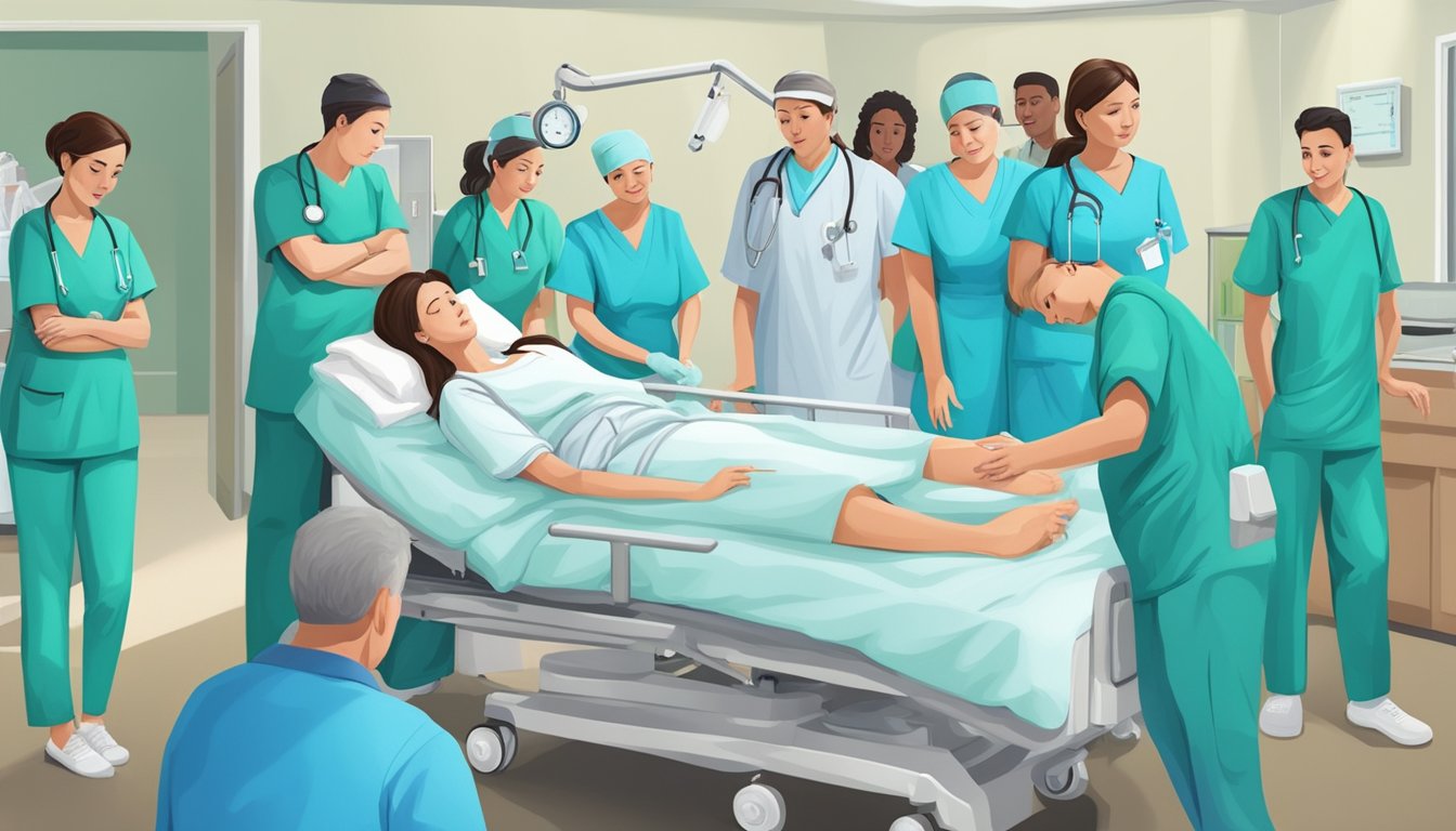 A hospital bed with a female figure undergoing a hysterectomy, surrounded by concerned family members and medical staff