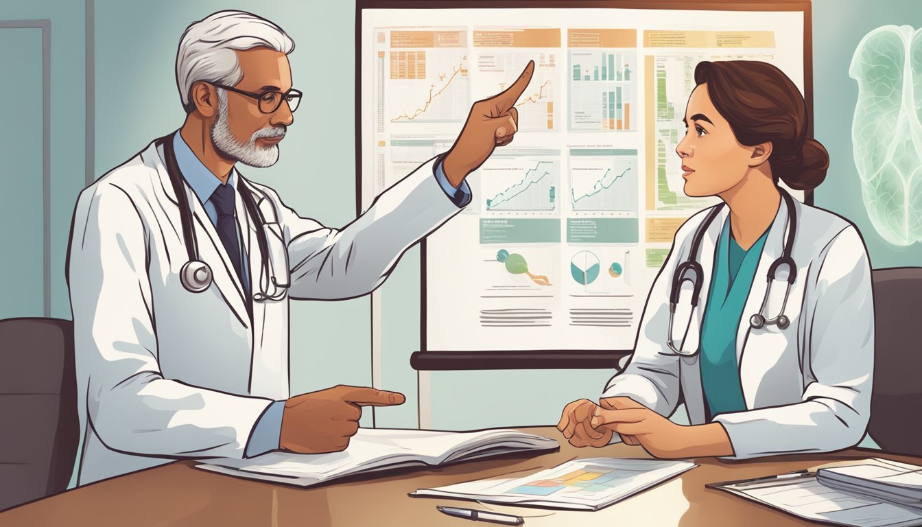 A doctor pointing to a chart showing different stages of cancer, while a concerned patient listens attentively