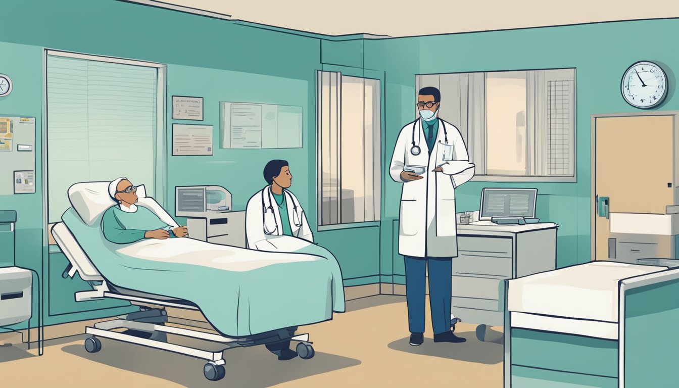 A doctor discussing critical illness coverage for different cancer stages with a patient in a hospital room