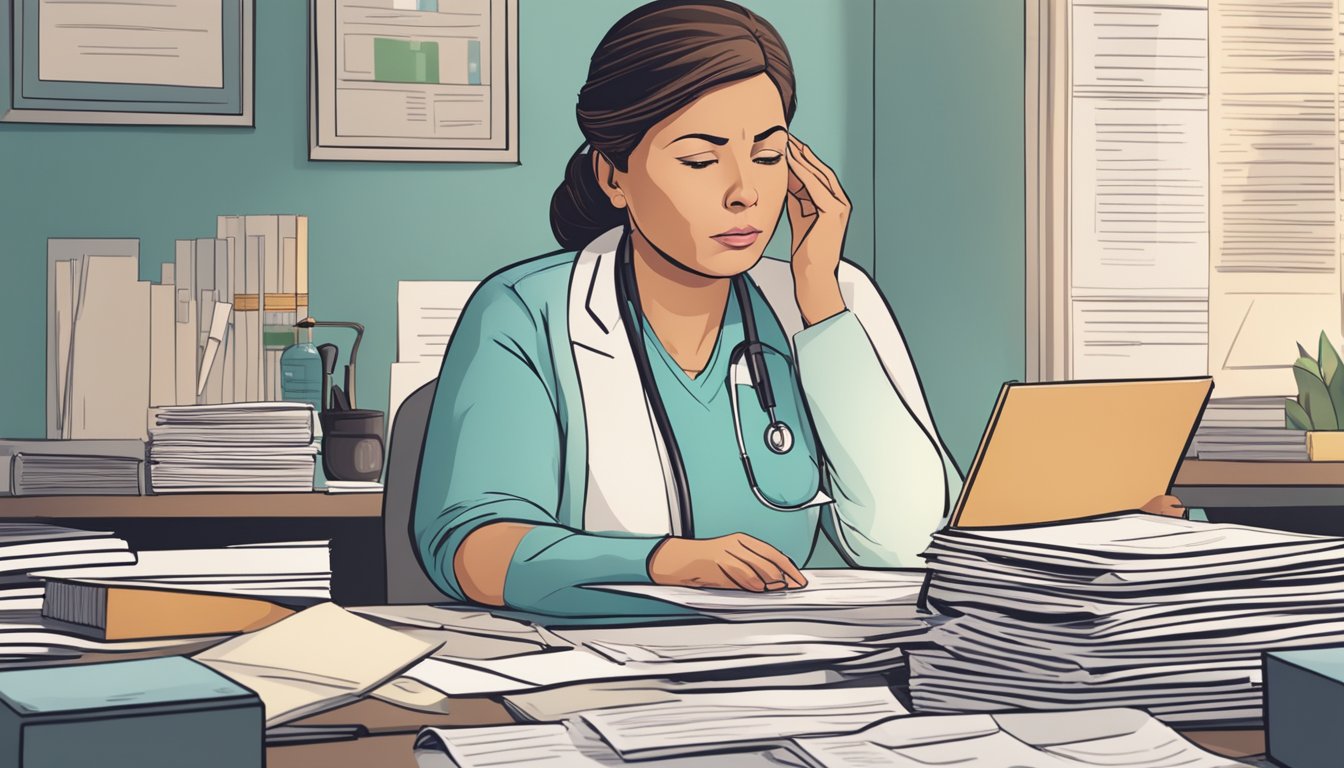 A woman sits at a desk, surrounded by paperwork and medical documents. A concerned expression is visible on her face as she searches for information on critical illness cover for hysterectomy