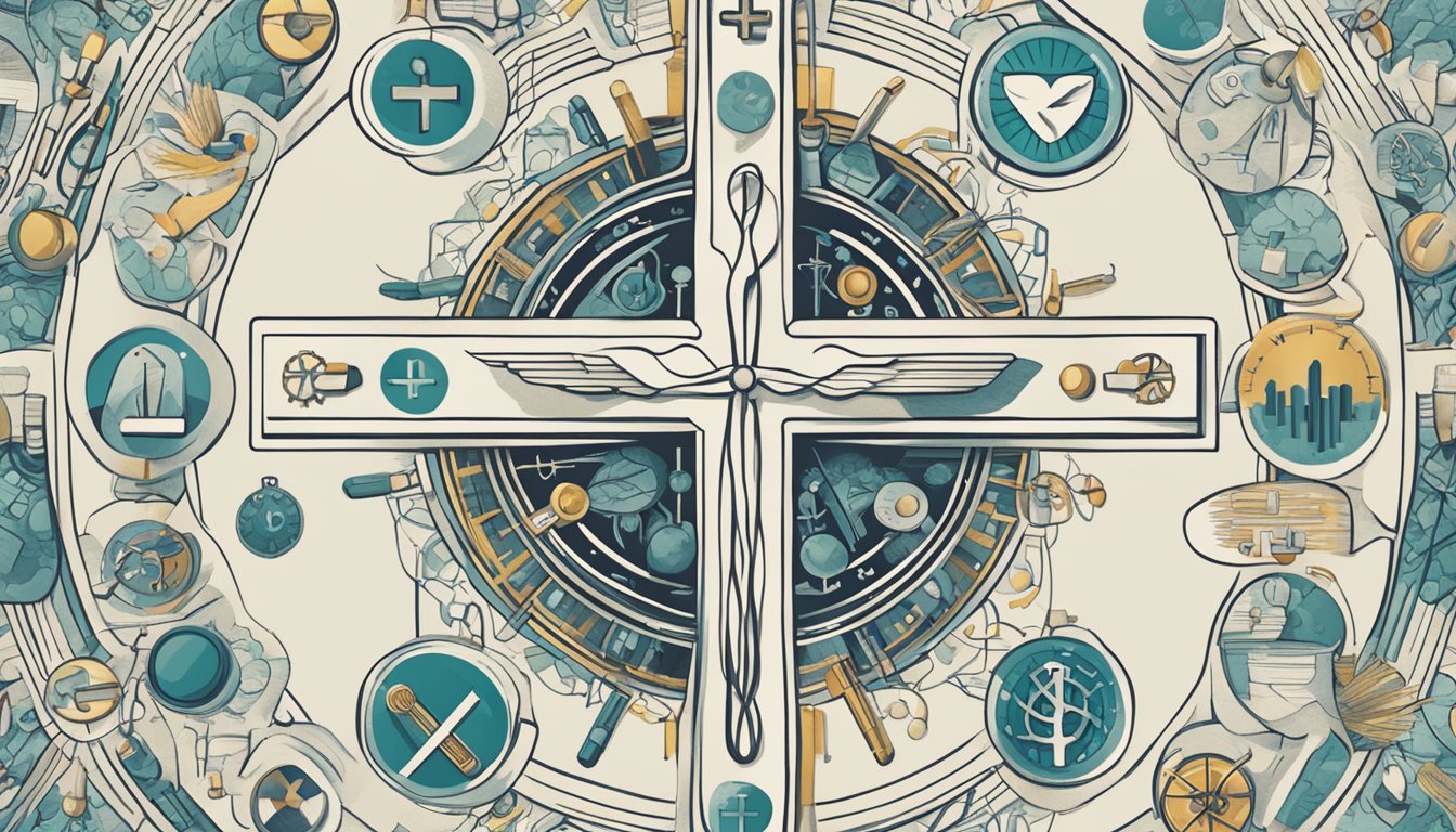 A medical cross surrounded by various symbols representing critical illnesses