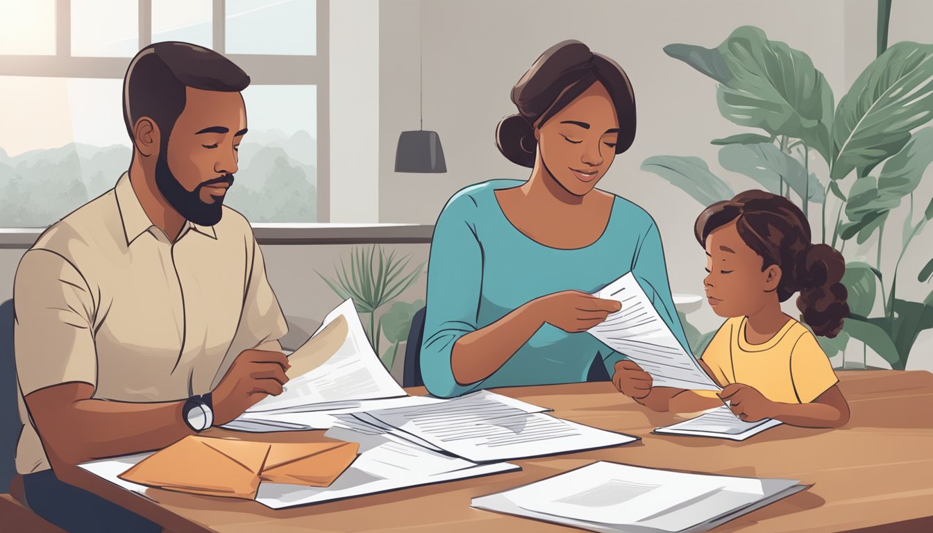 A woman sits with her spouse and child, reviewing insurance policy documents. The woman points to a section on critical illness coverage for dependents and spouses, specifically asking about coverage for hysterectomy