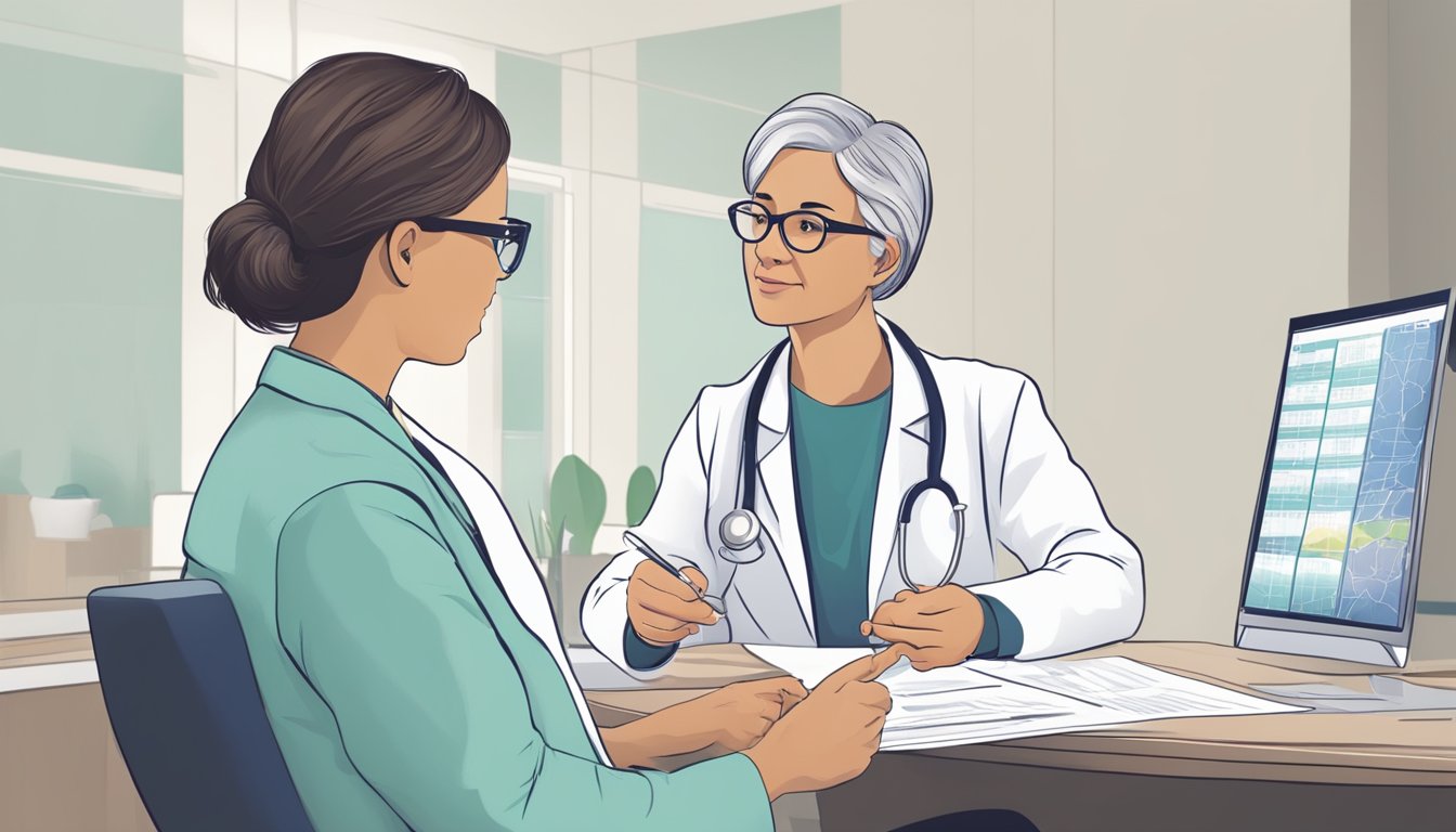 A doctor discussing cancer stages with a patient, pointing to a chart