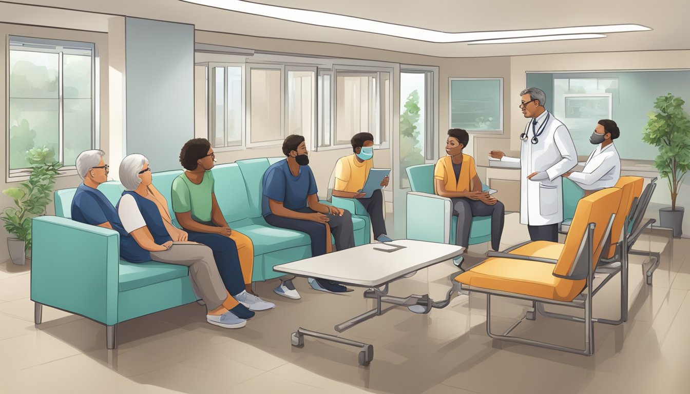 A doctor explaining critical illness coverage to a patient's family in a hospital waiting room