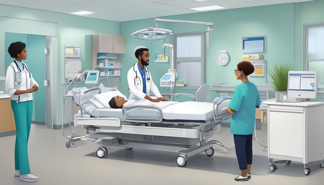 Aflac critical illness coverage: a hospital bed with medical equipment, a concerned family member, and an Aflac representative discussing coverage options