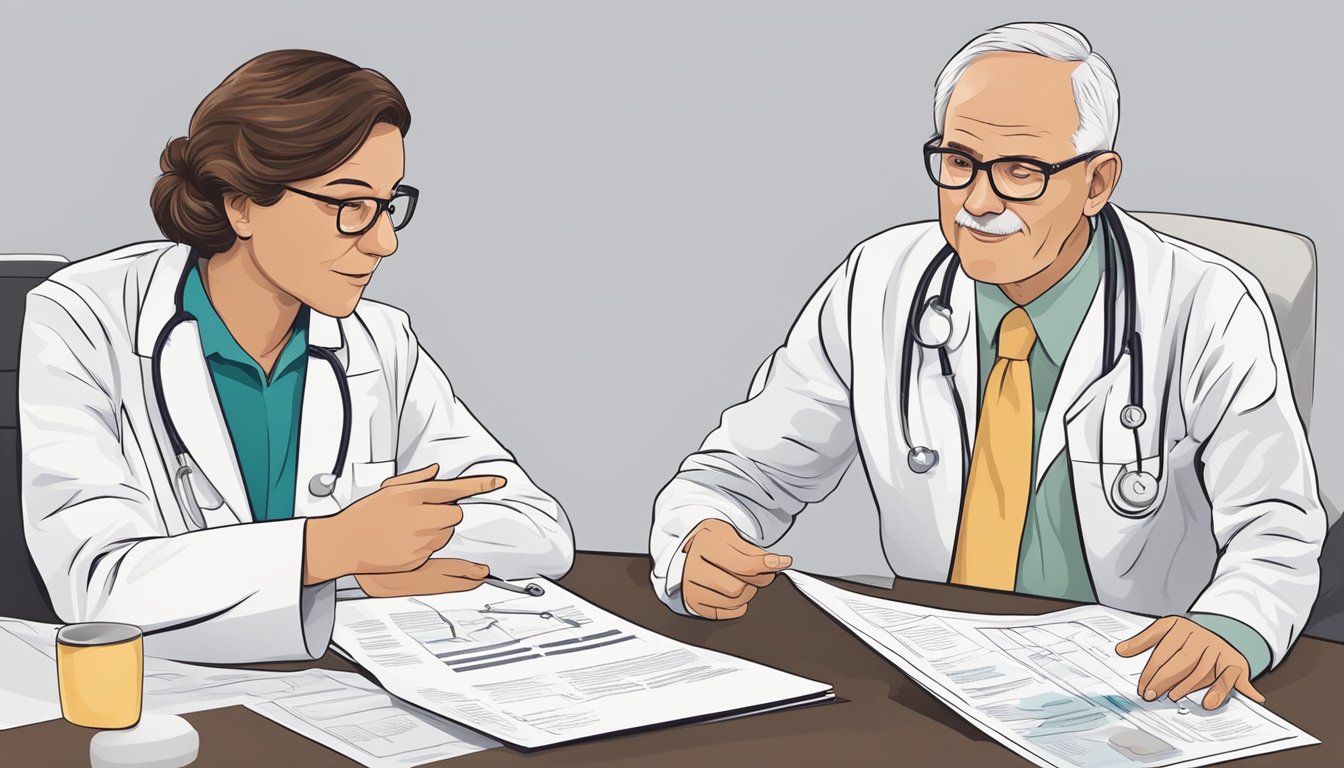 A doctor pointing to a chart showing different stages of cancer while discussing critical illness coverage with a patient