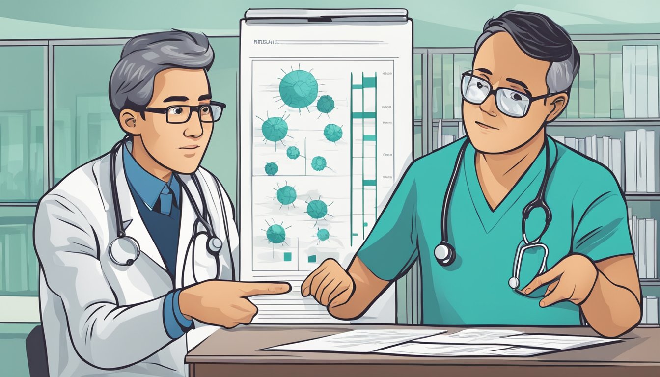 A doctor pointing to a chart showing various critical illnesses, while a patient looks on with concern