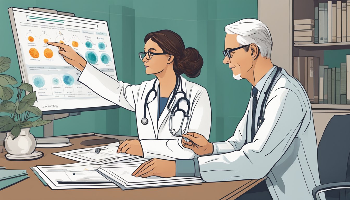 A doctor pointing to a chart showing different stages of cancer, while a patient listens attentively