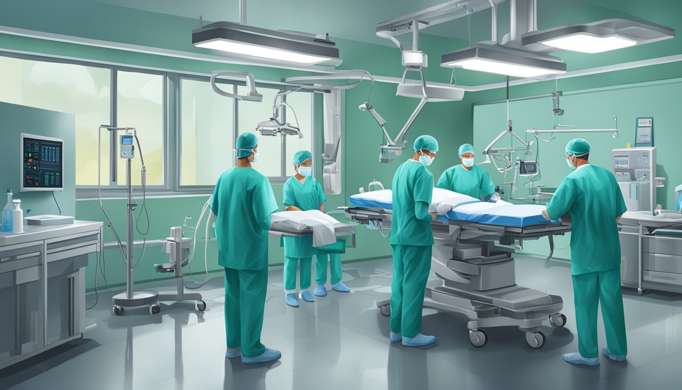 A hospital room with medical equipment and a transplant team in scrubs preparing for a critical organ transplant surgery