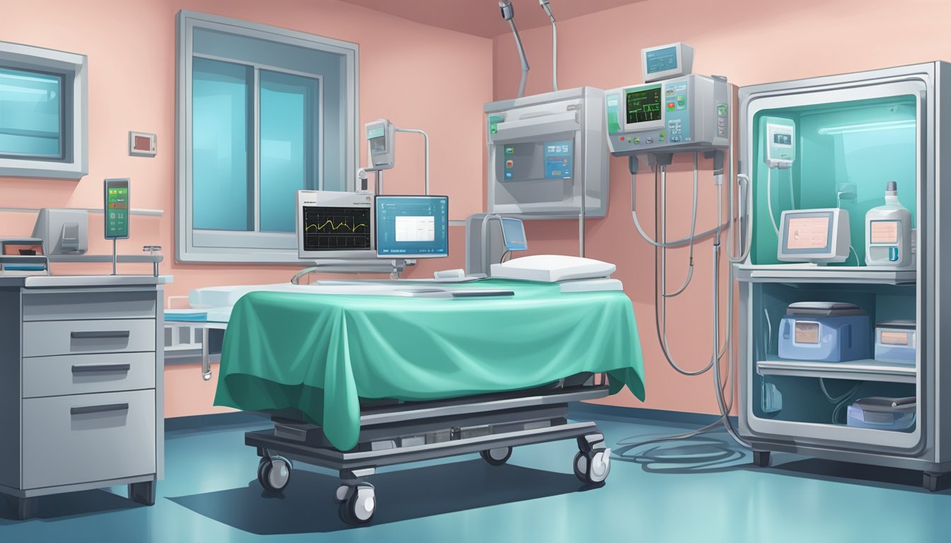 A hospital room with a heart monitor and a transplant organ in a cooler