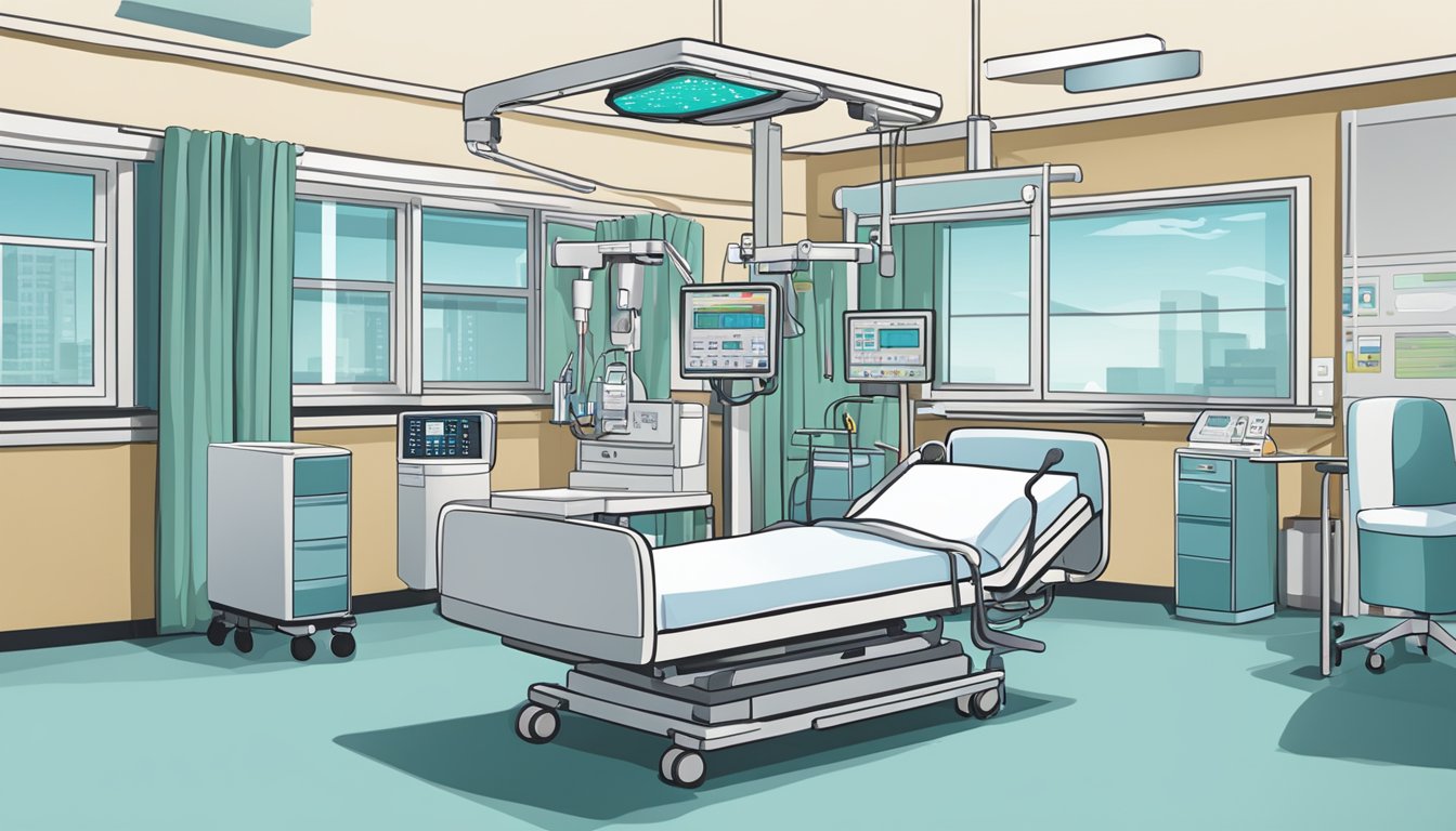 A hospital room with medical equipment, a bed, and a patient monitor showing vital signs