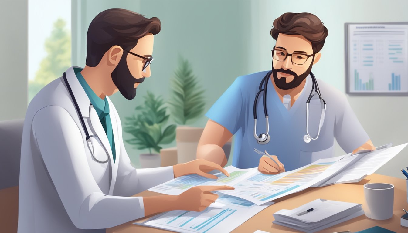 A doctor carefully examines medical charts and insurance policies while discussing critical illness cover and organ transplant premiums with a patient's family