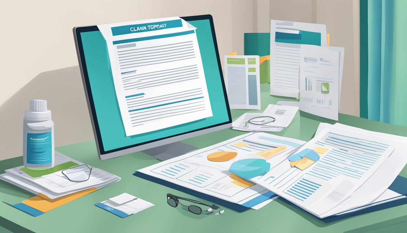 A hospital room with a policy management document and claims paperwork on a desk, alongside a critical illness cover brochure and a pamphlet on organ transplant