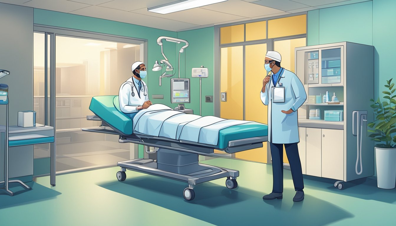 A hospital room with medical equipment and a doctor discussing critical illness insurance with an employee