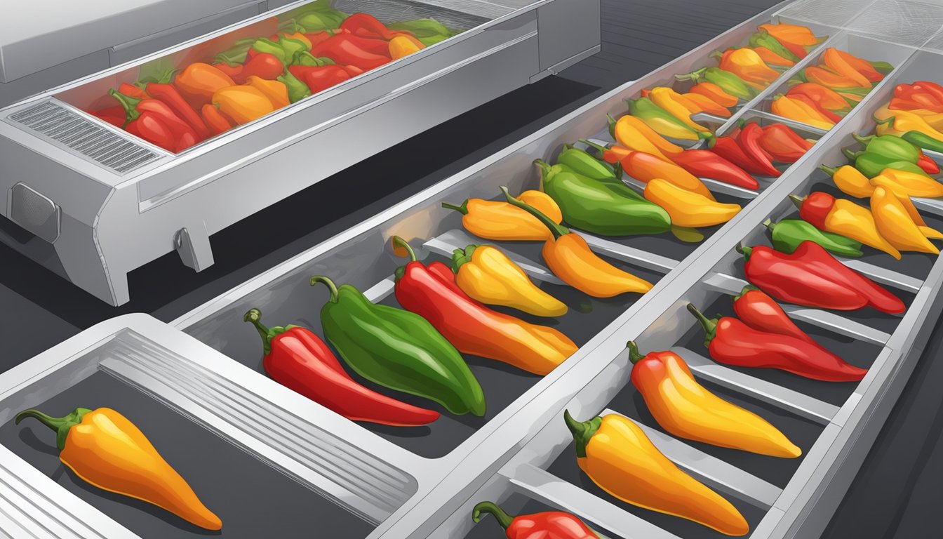 Fresh peppers spread out on dehydrator trays, warm air circulating around them. Timer set, ready to transform into dehydrated peppers