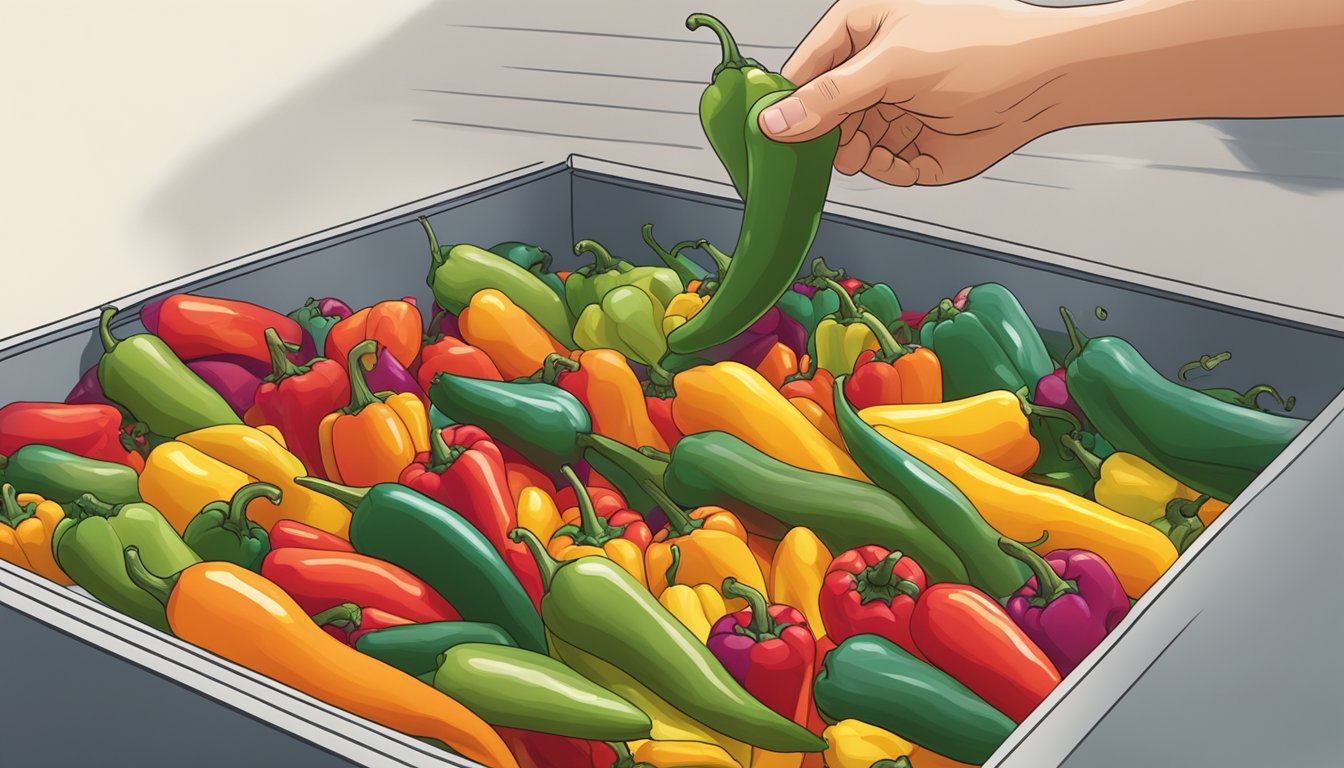 A hand reaching for colorful whole peppers, a dehydrator in the background