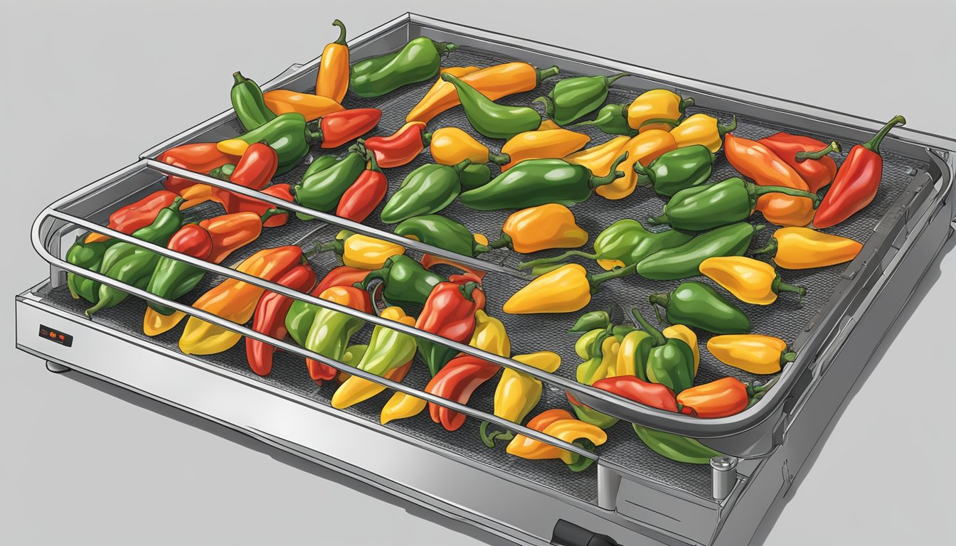 Whole peppers laid out on a dehydrator tray, with the machine turned on and emitting warm air to dry them