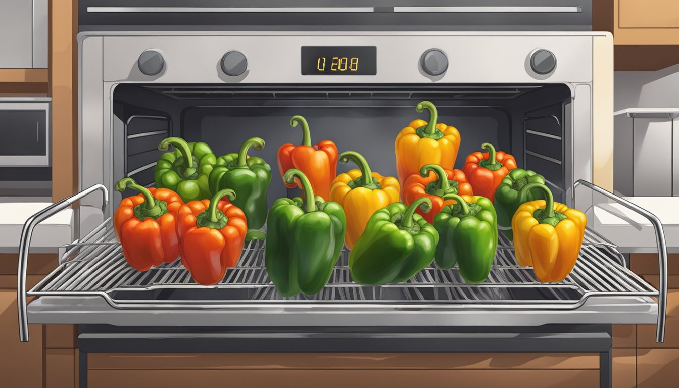 Fresh peppers spread on wire racks in a warm oven, steam rising as they slowly dehydrate. A timer set nearby