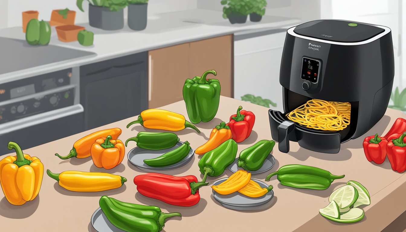 Fresh peppers being sliced and arranged on air fryer trays, with the air fryer set to the appropriate temperature for dehydration