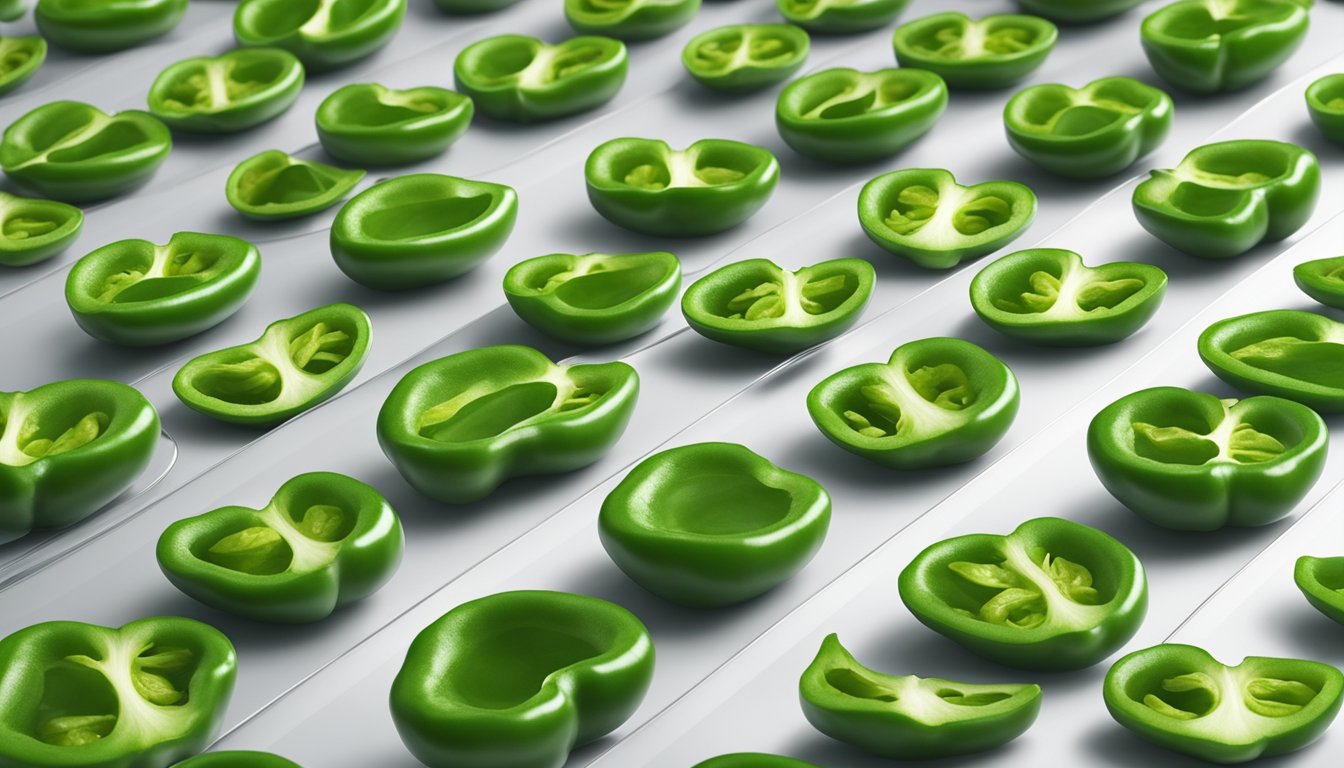 Fresh green peppers laid out on a dehydrator tray, with slices evenly spaced and ready for the dehydration process