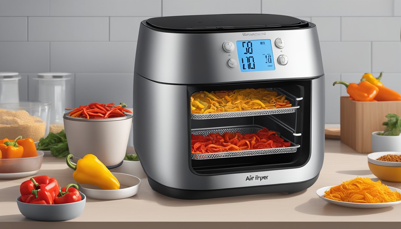 Dehydrated peppers sit on a wire rack inside an air fryer, with the appliance's digital display showing the temperature and time settings