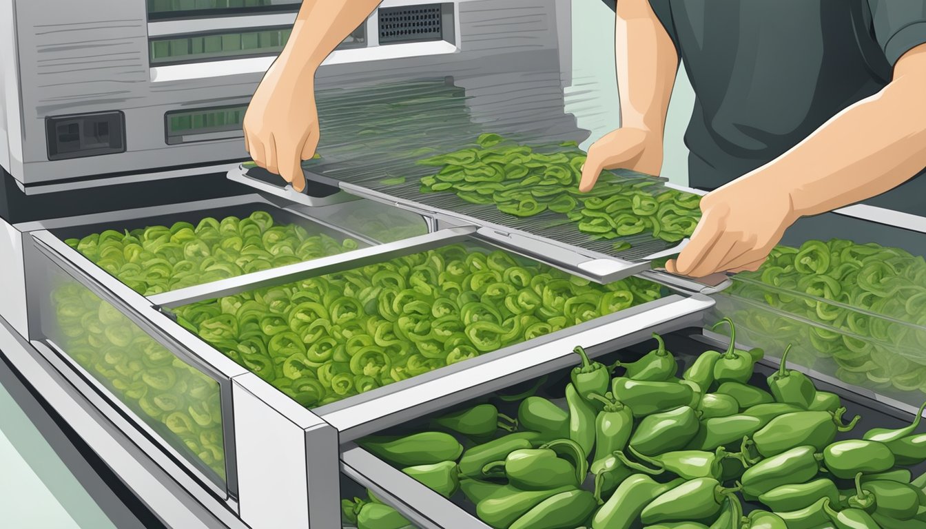 Green peppers being sliced and arranged on dehydrator trays, with the dehydrator plugged in and ready to begin the drying process