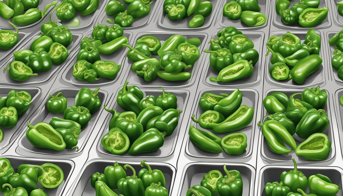 Fresh green peppers arranged on dehydrator trays at recommended temperature and time settings for dehydration