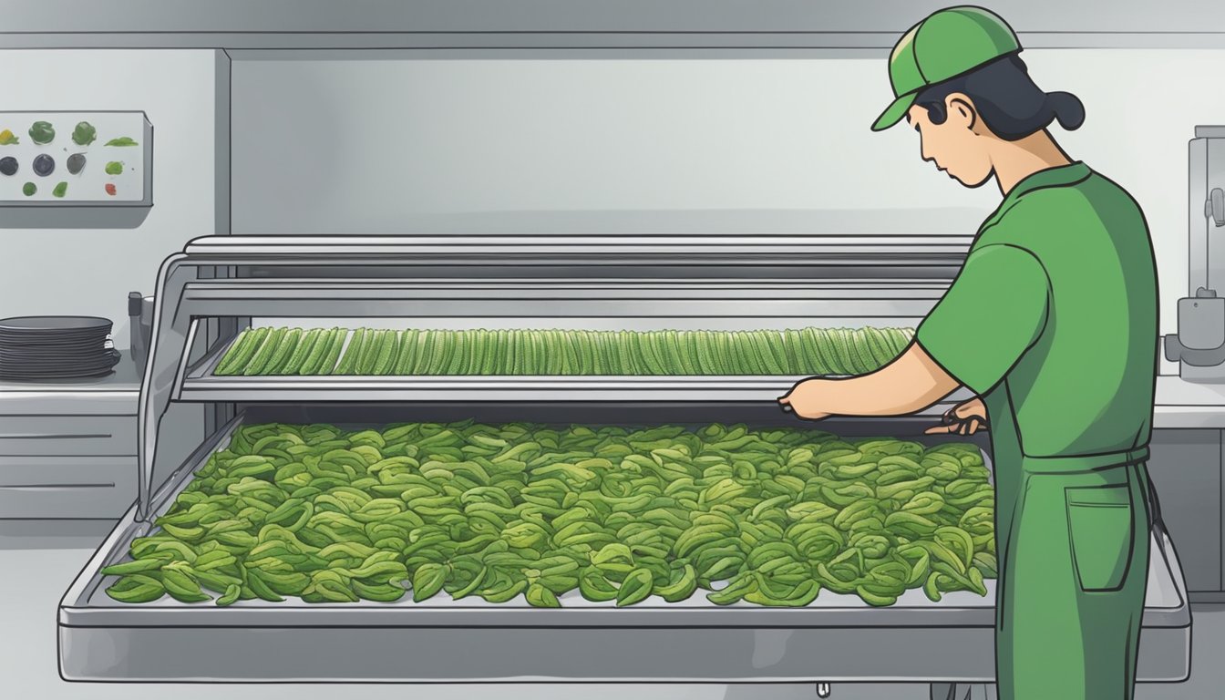 Green peppers being sliced and laid out on dehydrator trays. A person adjusting settings and turning on the dehydrator