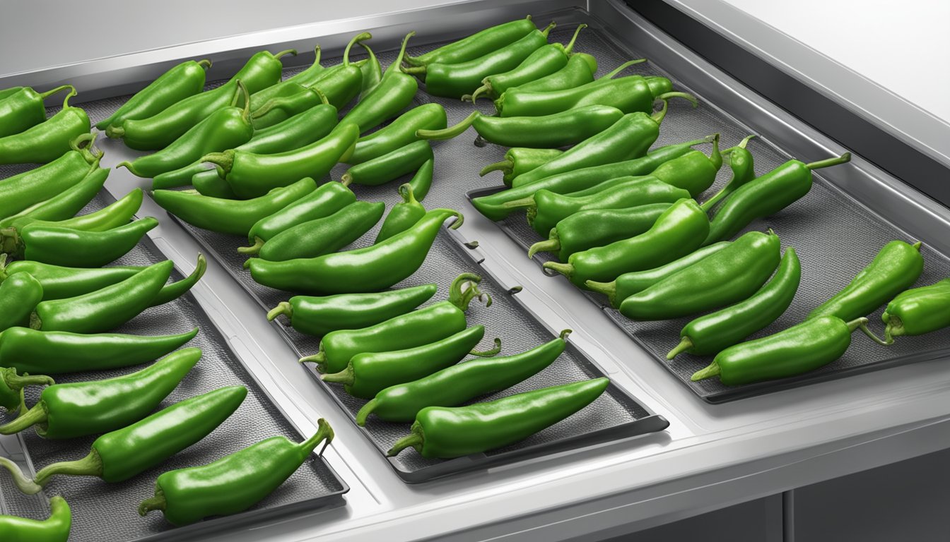 Green peppers laid out on dehydrator trays, heat set to low. Air circulating, drying the peppers slowly. A timer set for several hours