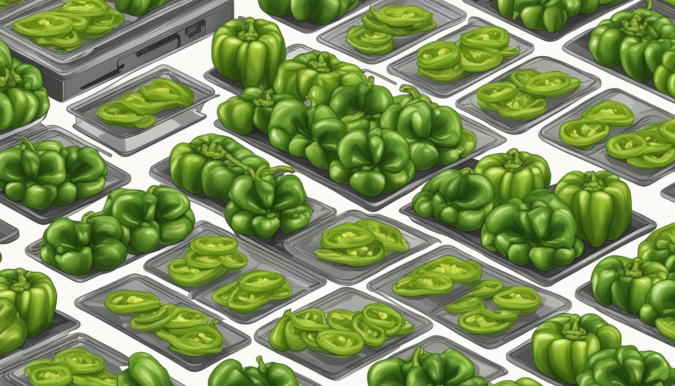 Green peppers sliced and arranged on dehydrator trays, with the machine set to low heat for several hours