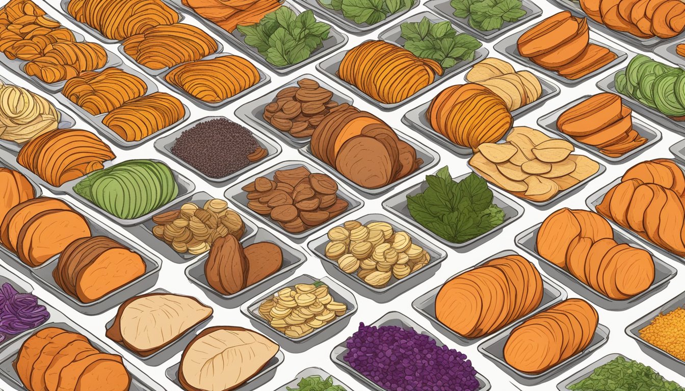 Sweet potatoes sliced thin and laid out on dehydrator trays, with various seasonings and flavorings sprinkled on top