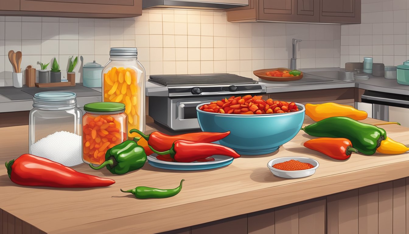 A kitchen countertop with various hot peppers laid out, a dehydrator in the background, and a bowl of salt and gloves for handling the peppers