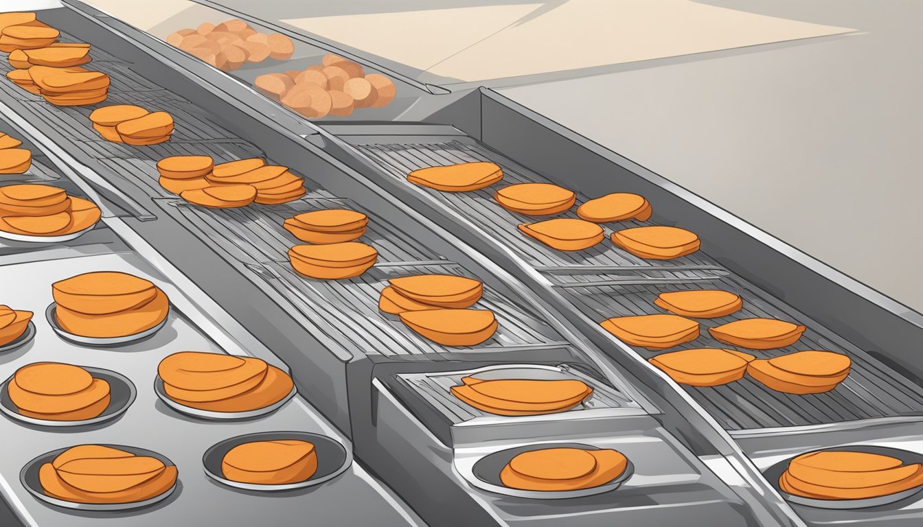 Sweet potatoes spread out on dehydrator trays, slices arranged in a single layer. Machine set to low heat, with vents open