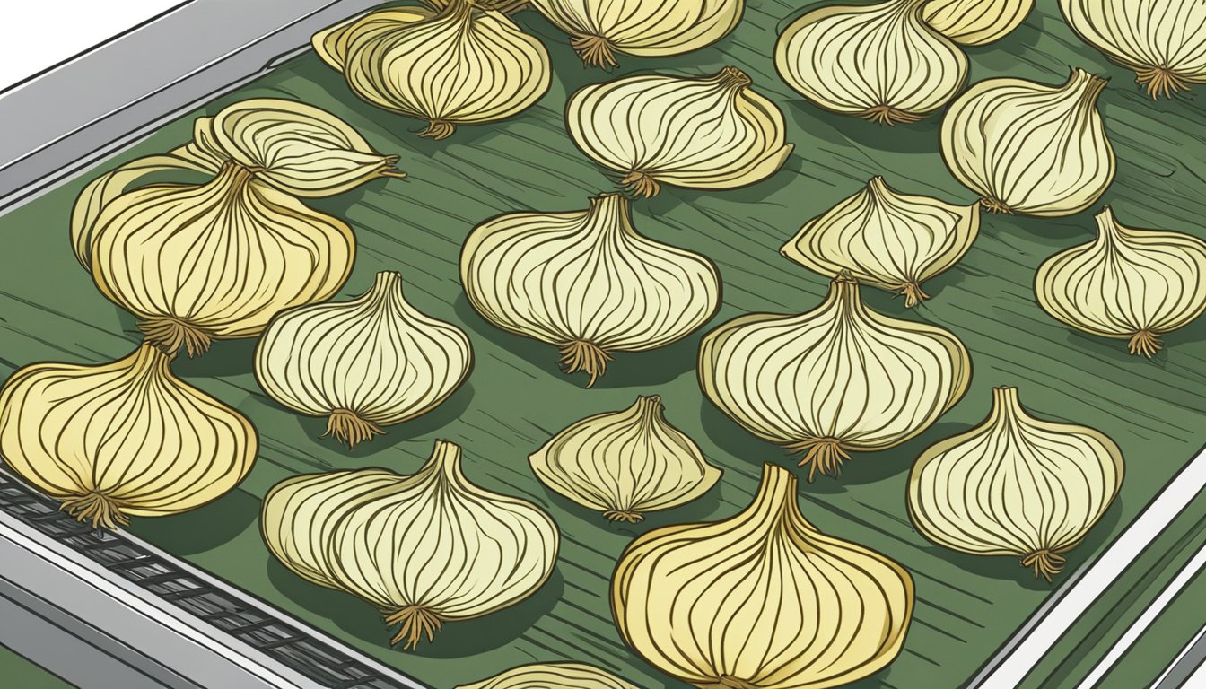 Onions being sliced and spread out on dehydrator trays