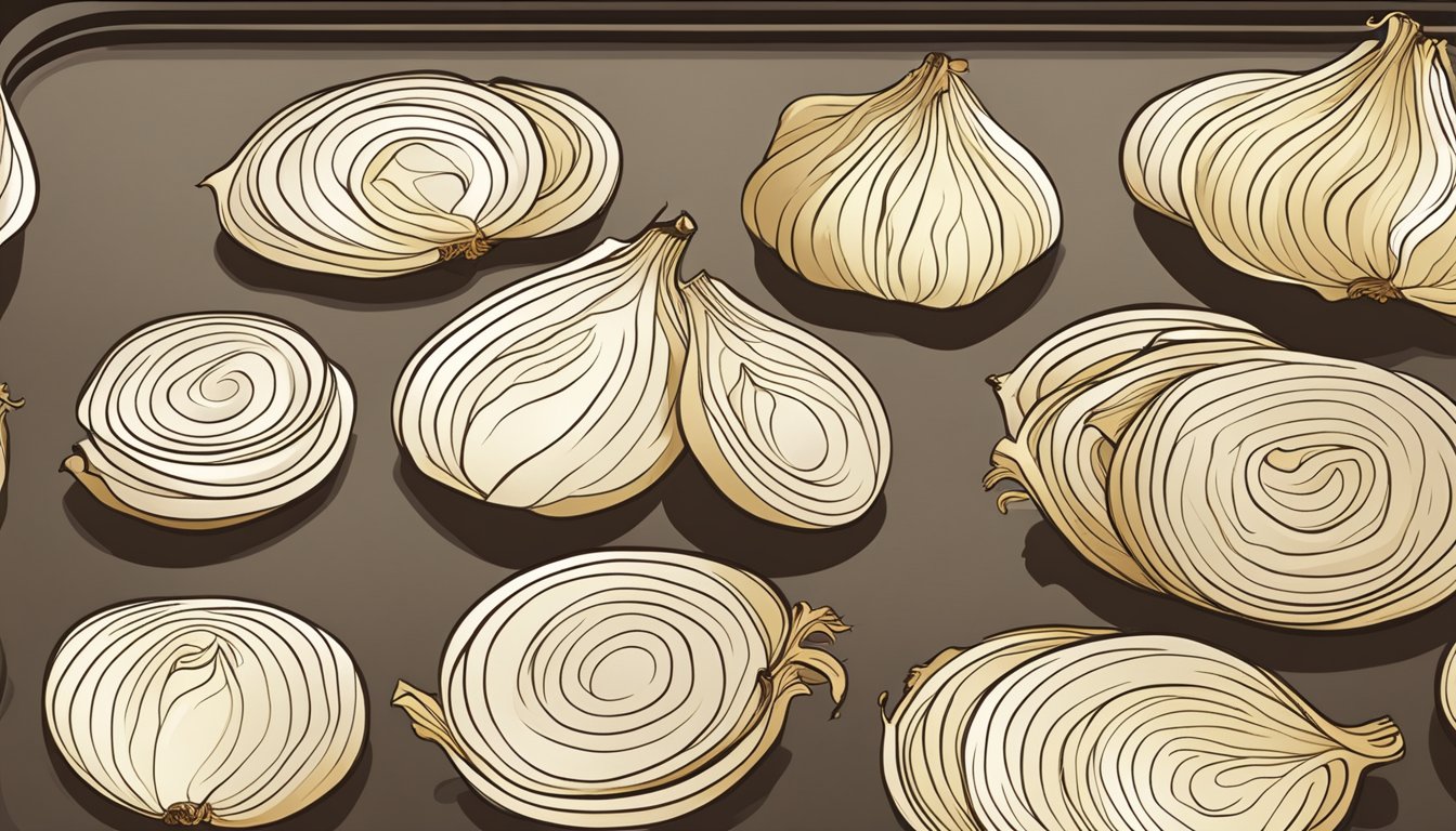 Sliced onions spread on a baking sheet, placed in a preheated oven, and slowly dehydrating to a crisp golden brown