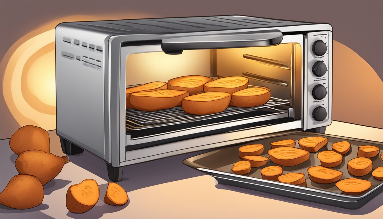 Sweet potatoes sliced on baking sheet, oven door open, warm glow, timer set