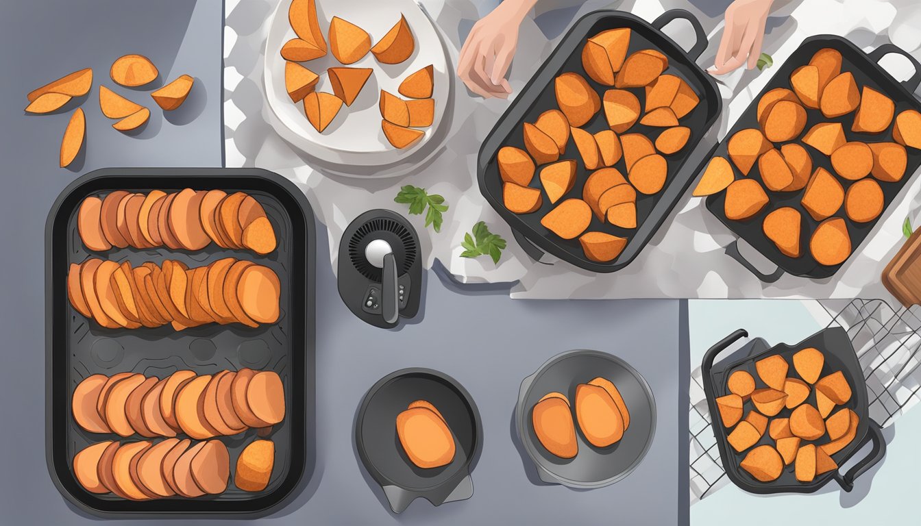 Sweet potatoes arranged on air fryer tray, sliced evenly and spaced apart. Air fryer set to low temperature, with timer set