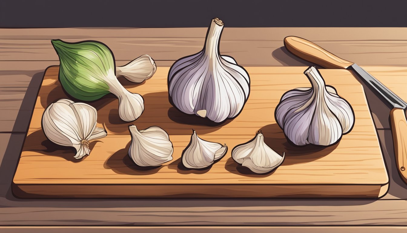 Fresh garlic bulbs laid out on a clean, wooden cutting board with a sharp knife nearby. A dehydrator is positioned in the background