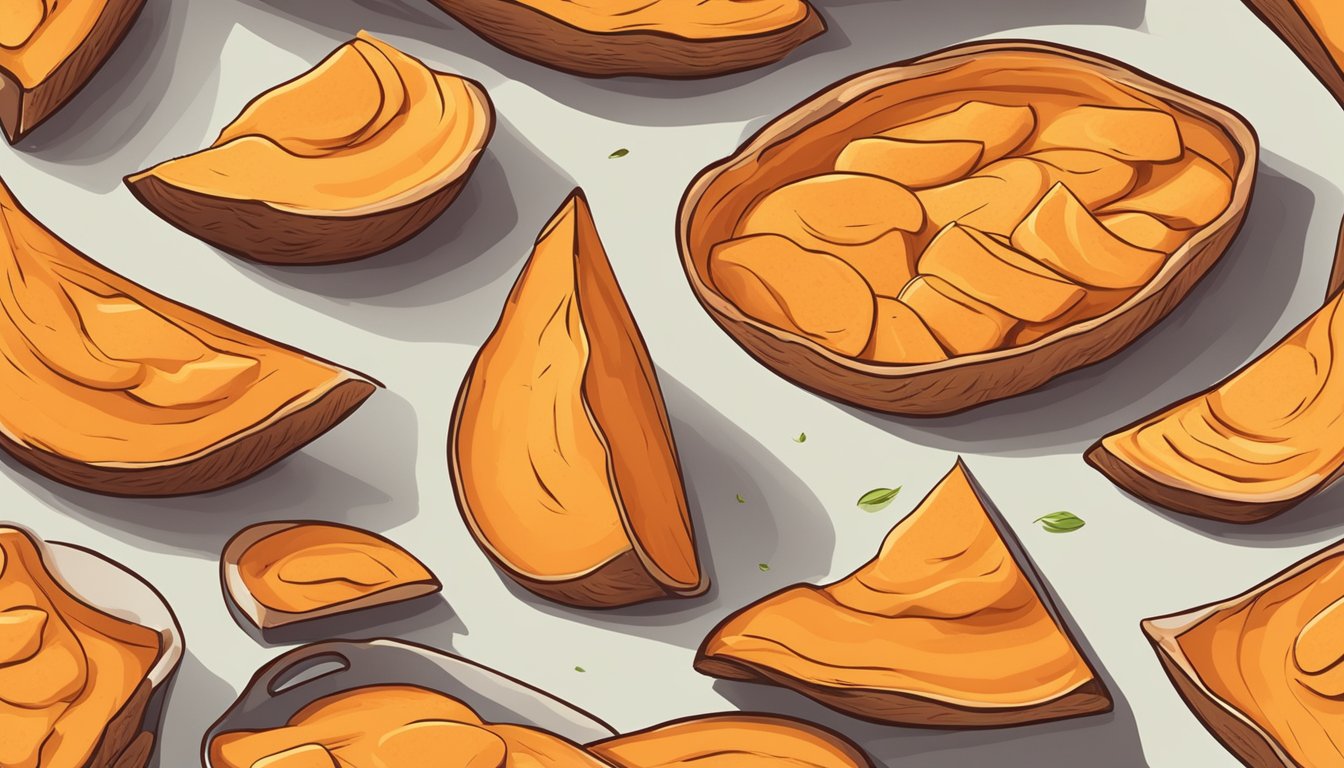 Sweet potatoes slices spread out on a baking sheet in an oven