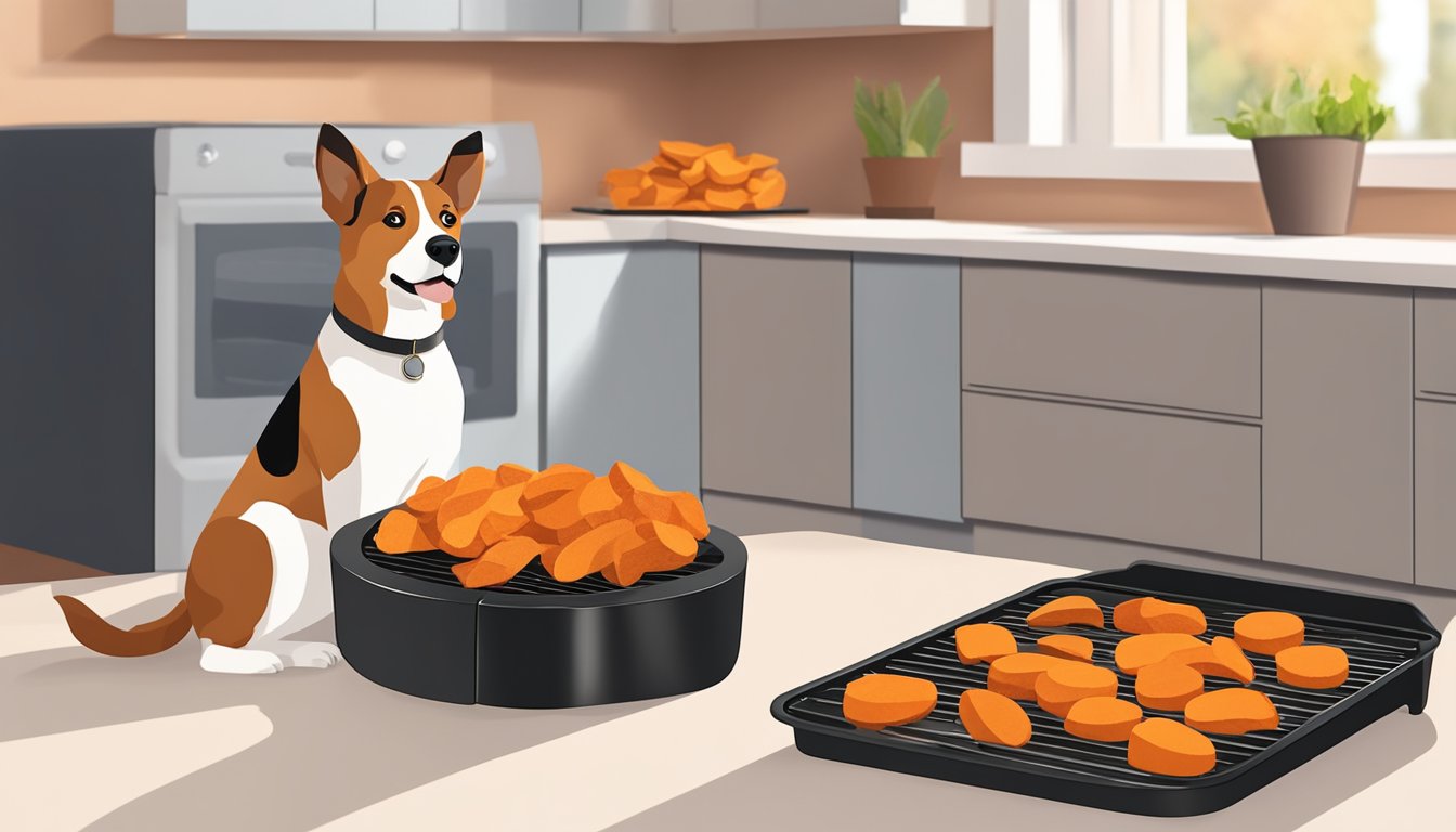 Sweet potatoes sliced on air fryer tray, dehydrator setting activated. Dog eagerly waiting nearby. Homemade treats in background, store-bought treats in package