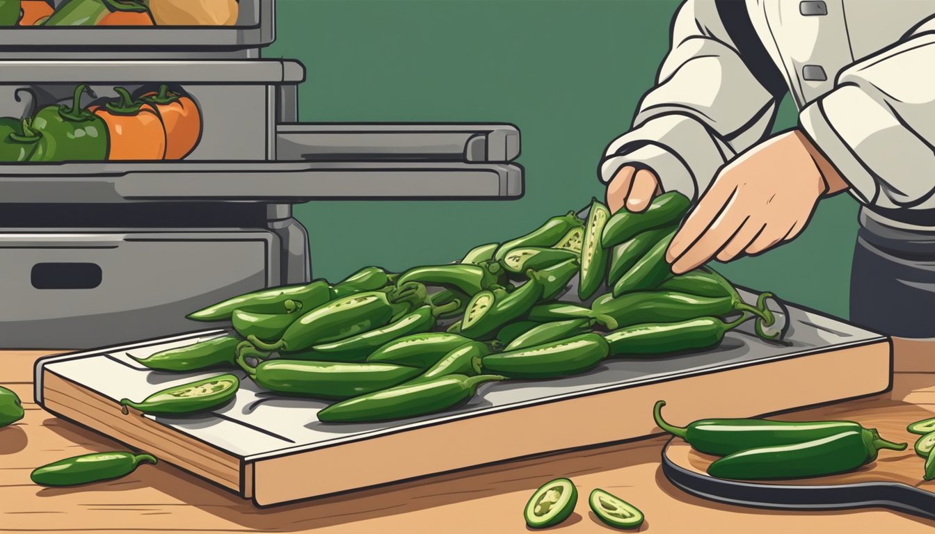 A person wearing gloves slices jalapenos on a cutting board, placing the slices onto a dehydrator tray