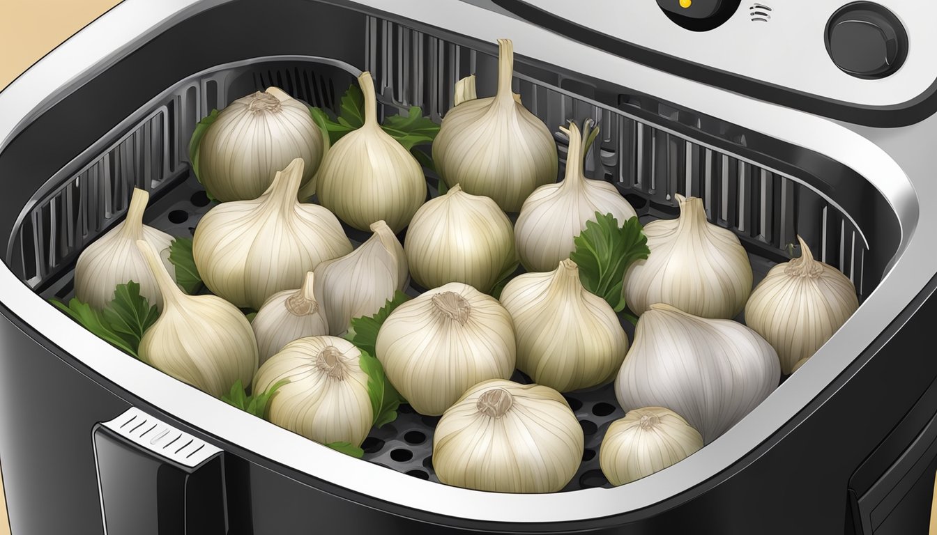 Fresh garlic bulbs placed inside an air fryer, with the machine set to the appropriate temperature and time for dehydration