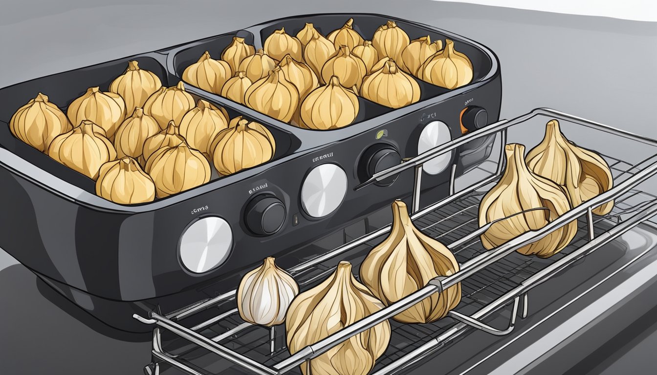 Fresh garlic bulbs arranged on a wire rack inside an air fryer, with the machine set to a low temperature for dehydration