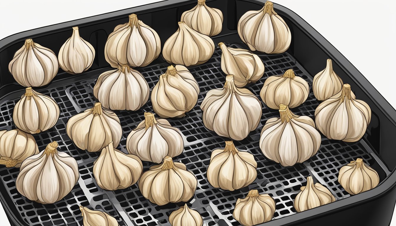 Garlic cloves arranged in a single layer inside an air fryer basket, with the air fryer set to the lowest temperature for dehydration