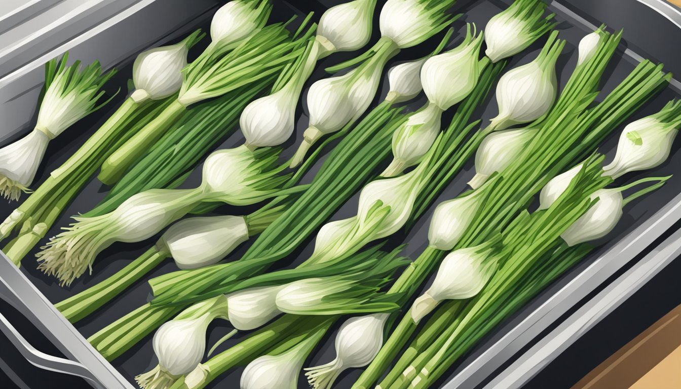 Green onions spread out on a baking sheet, placed in the oven with the door slightly ajar