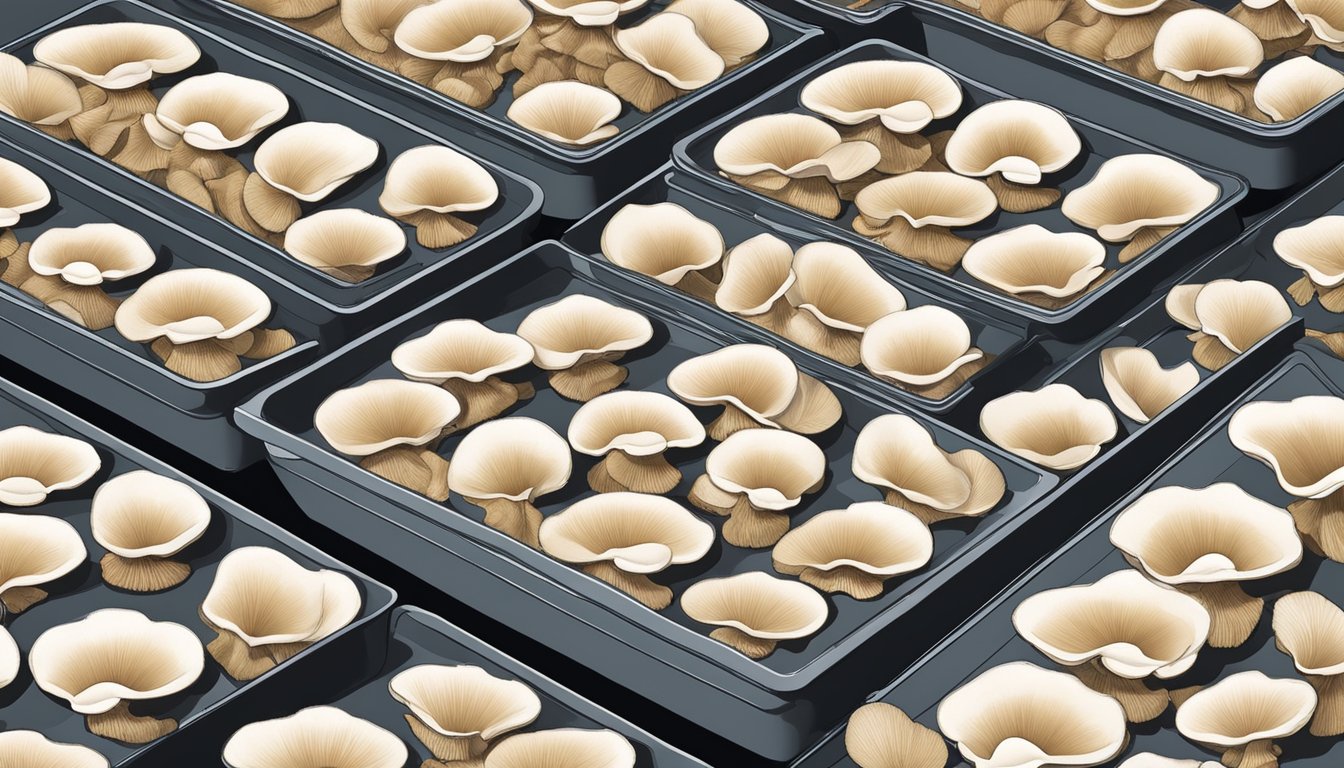 Oyster mushrooms laid out on dehydrator trays, with warm air circulating around them