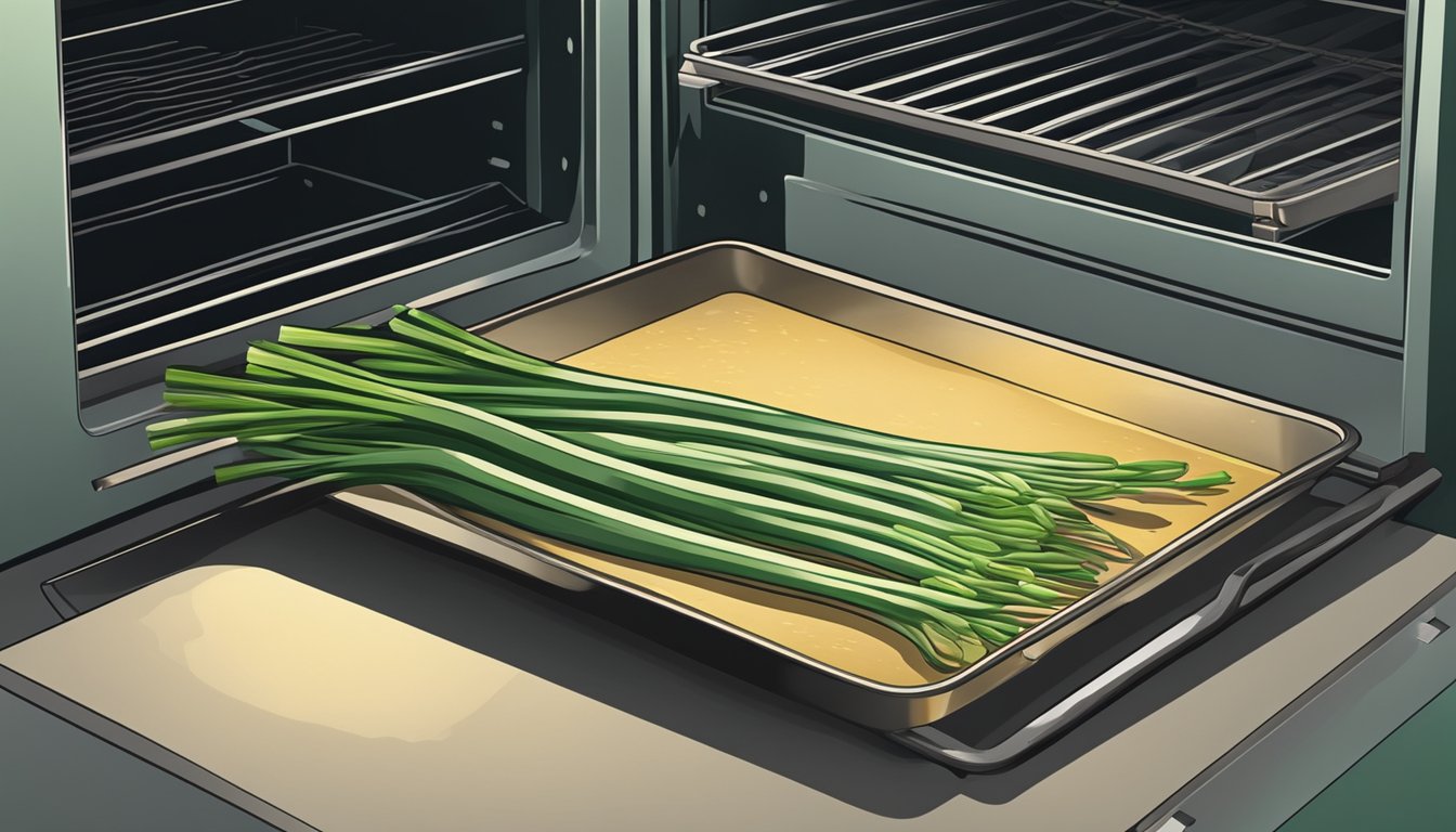 Green onions laid out on a baking sheet, placed in an oven. The oven door is closed, with heat radiating from the inside