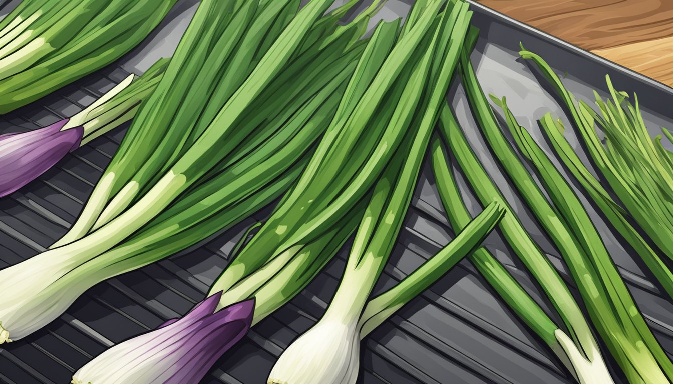 Green onions spread out on a baking sheet, placed in an oven, with the heat drying them out